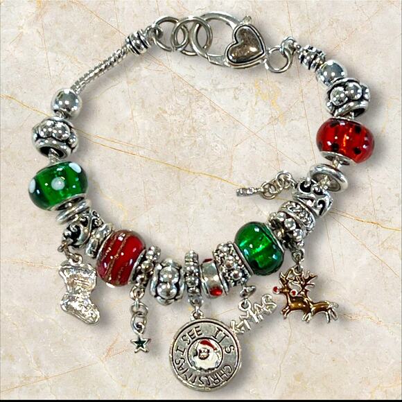 Silver-tone Christmas Charm Bracelet Holiday European Style Slider Glass Beads - Picture 1 of 11